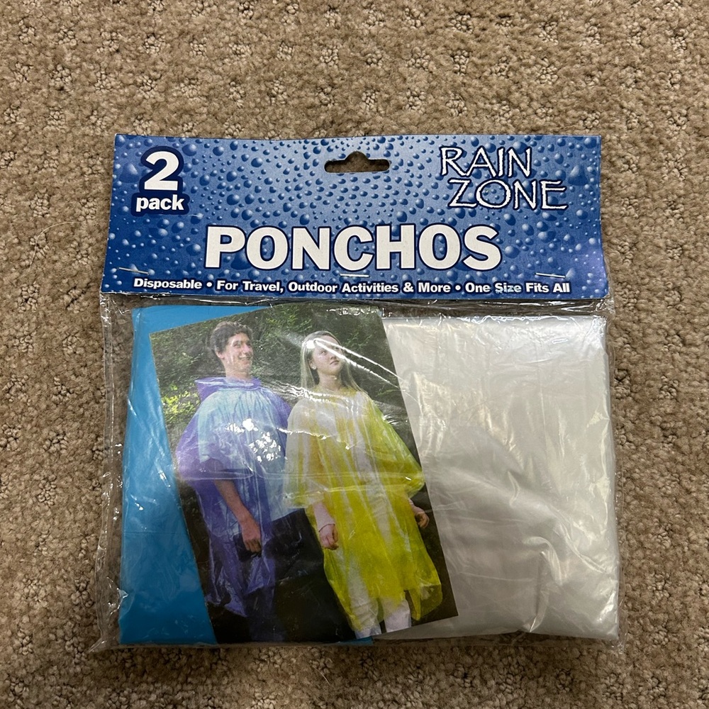 Rain Zone 2 Pack Of White & Blue Rain Ponchos New In Bag- One Size Fits All